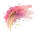 Pink watercolor splash splatter stain brush strokes with gold glitter on white background. Modern aquarelle spot. Trendy isolated Royalty Free Stock Photo