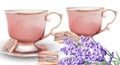 Pink watercolor tea cups with macaroon sweets