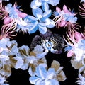 Pink Watercolor Texture. Gray Flower Palm. Blue Seamless Set. Brown Hibiscus Print. Pattern Garden. Tropical Decor. Fashion Set. A