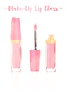 Pink watercolored painting vector illustration of a beauty utensil gloss lipstick makeup product to give lips a glossy lustre.