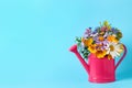 Pink watering can with beautiful flowers on light blue background, space for text Royalty Free Stock Photo