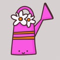 Pink watering can. The character of Lake in a cute style. Watering can with decoration of daisies