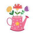 Pink watering can with flowers. Cute hand drawn beautiful flowerpot in cartoon style