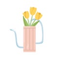 Pink watering can with stripes on the body and a thin metal nose with yellow tulips inside