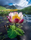 pink waterlily blooming next to green leaves in a lake