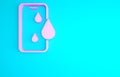 Pink Waterproof mobile phone icon isolated on blue background. Smartphone with drop of water. Minimalism concept. 3d