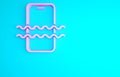 Pink Waterproof mobile phone icon isolated on blue background. Smartphone with drop of water. Minimalism concept. 3d