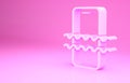 Pink Waterproof mobile phone icon isolated on pink background. Smartphone with drop of water. Minimalism concept. 3d