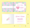 Pink wedding card template heart icon, white name label on pastel rose shape pattern blue background Royalty Free Stock Photo