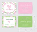 Pink wedding card template heart icon, white name label on pastel rose shape pattern green background Royalty Free Stock Photo