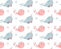 Pink whale pattern. Cute background with cartoon sea animals. Baby shower design. Funny whales in vector Royalty Free Stock Photo