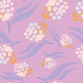 Pink with whimsical white, light blue and orange flower elements seamless pattern background design.