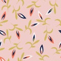 Pink with whimsical white, red and classic blue flower buds seamless pattern background design.