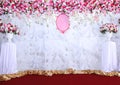 Pink and white backdrop flowers arrangement ready for wedding. Royalty Free Stock Photo