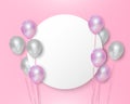 Pink and white balloons on empty circle wihite background, vector Royalty Free Stock Photo