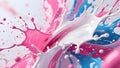 Liquid paint in shades of pink, white, and blue bursts and swirls through the air, creating a vibrant, fluid explosion frozen at t Royalty Free Stock Photo