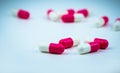 Pink-white capsule pill on blurred capsule background. Antibiotic drug resistance. Antimicrobial capsule pills. Pharmacy drugstore Royalty Free Stock Photo