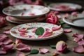 Floral Ceramic Plates on White Tablecloth Royalty Free Stock Photo