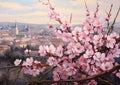 Pink and white cherry blossoms on a tree, green trees and city skyline in the background. Flowering flowers, a symbol of spring, Royalty Free Stock Photo