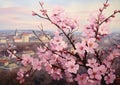 Pink and white cherry blossoms on a tree, green trees and city skyline in the background. Flowering flowers, a symbol of spring, Royalty Free Stock Photo