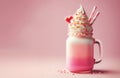 Pink white chocolate milkshake with whipped cream and candy hearts