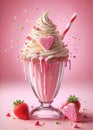 Pink white chocolate milkshake with whipped cream and candy hearts