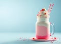 Pink white chocolate milkshake with whipped cream and candy hearts