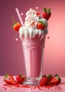 Pink white chocolate milkshake with whipped cream,fresh berries and colorful sweet candy decor Royalty Free Stock Photo