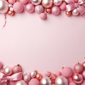 Pink and white Christmas background with balls, ribbons and bows.