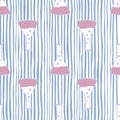 Pink and white colored cartoon chemical flask elements. Seamless pattern with blue striped background Royalty Free Stock Photo