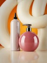 Pink and white cosmetic bottles on orange background Royalty Free Stock Photo