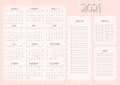 Pink dates calendar from January to December from Monday to Sunday, Wish and To Do list, Notes for 2021 year Royalty Free Stock Photo