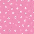 Pink white doodle paw prints heart valentine`s day background with hearts and black background seamless fabric design Royalty Free Stock Photo