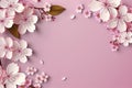 Pink white flowers blossoms on pink paper background with copy space for your springtime design