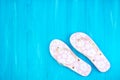 Pink with white flowers flip flop sandals beach shoes on blue wooden floor. Top view and copy space. Royalty Free Stock Photo
