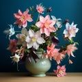 Bold Chromaticity Teal And Pink Columbine Arrangement With 3d Effect