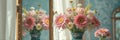 Pink and white flowers in vase reflected in mirror with elegant gold frame Royalty Free Stock Photo