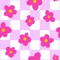 Pink and White Groovy Checkerboard Grid seamless pattern with small daisy flower doodle. Y2K 90s seamless pattern vector