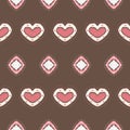 Pink White Heart and Diamond on Brown. Geometric ethnic oriental pattern traditional Design for background,carpet,wallpaper, Royalty Free Stock Photo