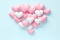 Pink and white hearts on blue background. Valentine's day concept. Red satin bow isolated on white background Royalty Free Stock Photo