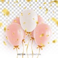 Pink and white helium balloons with golden ribbons, tied bows and falling golden confetti on transparent background Royalty Free Stock Photo