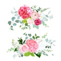 Pink and white hydrangea, red rose, ranunculus, peony, iris eucalyptus