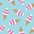 pink and white ice cream cone twisted on a blue background sprinkled with colorful candy moon star waffle pattern seamless vector Royalty Free Stock Photo