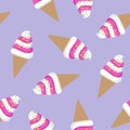 Pink and white ice cream cone twisted on a purple background sprinkled with colorful candy moon star waffle pattern seamless Royalty Free Stock Photo