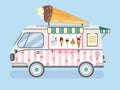 A pink-and-white wheeled van that sells various types of ice cream Royalty Free Stock Photo