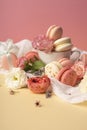 Pink and white macaroons cakes with big and small flower buds ar