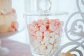 Pink and white meringues in glass jar. Gentle dessert Royalty Free Stock Photo