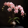 Pink white orchid in a pot on a dark background. Flowering flowers, a symbol of spring, new life Royalty Free Stock Photo