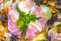 Pink white peony blossom on a bed of colorful aged petals macro