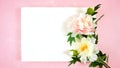Pink and white peony flowers decorated border on modern pink textured background